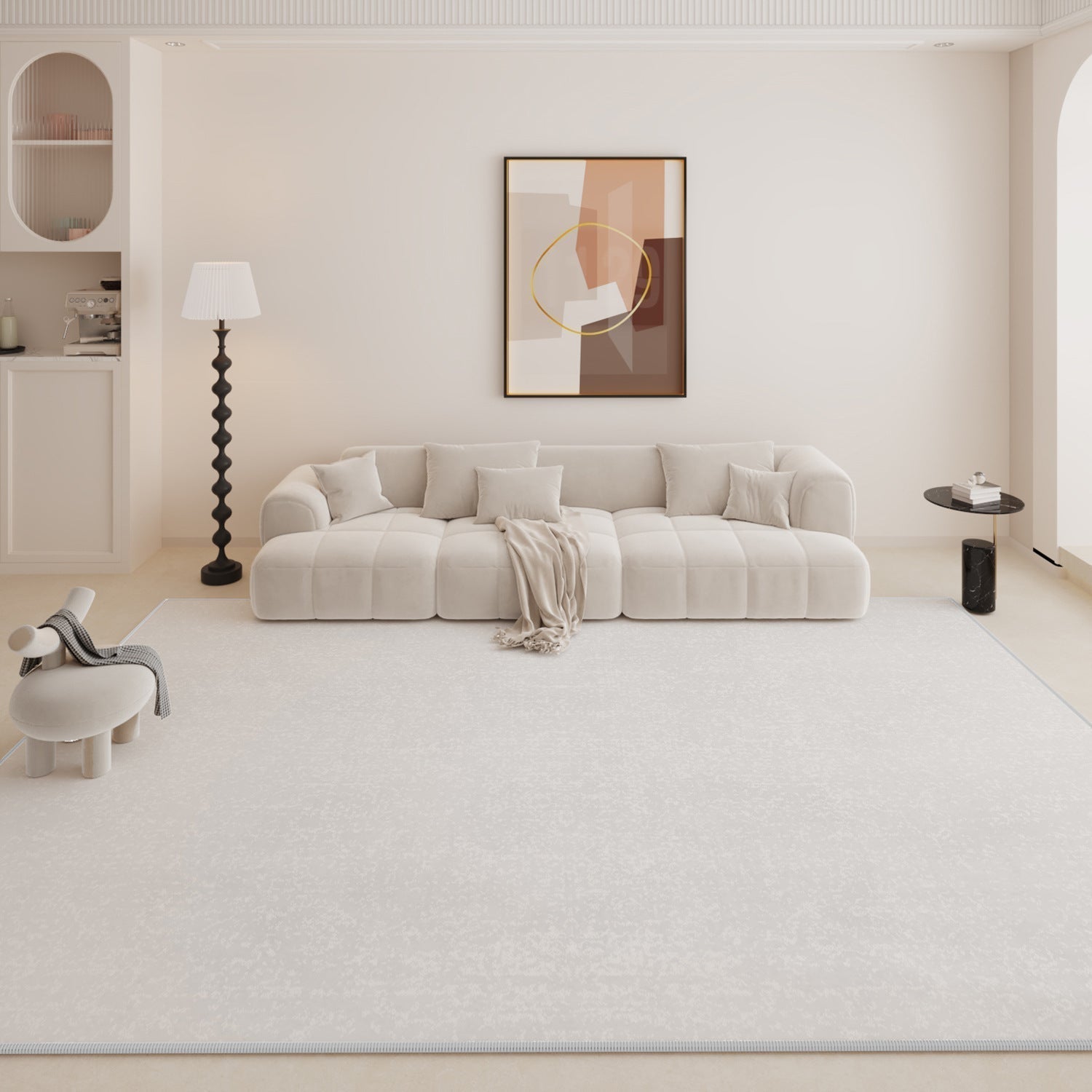 Light gray background with a modern living room and stylish white rug.