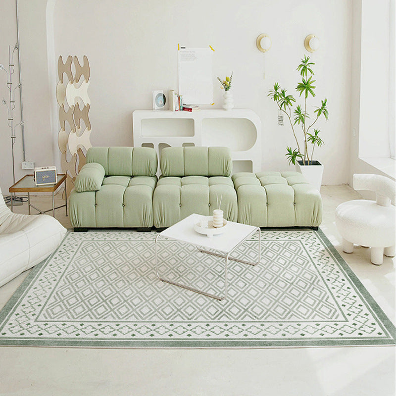 Fresh Green Stria washable rug with geometric diamond pattern in modern living room