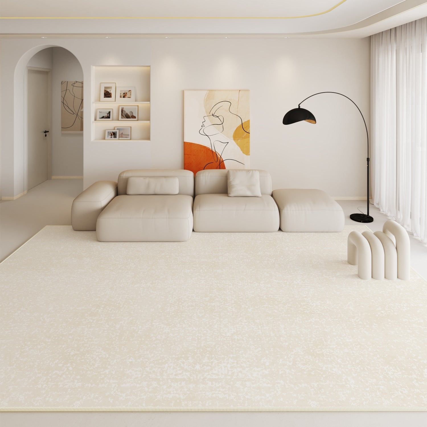 Timeless Grove Solid Rug in light cream, enhancing modern living room decor.