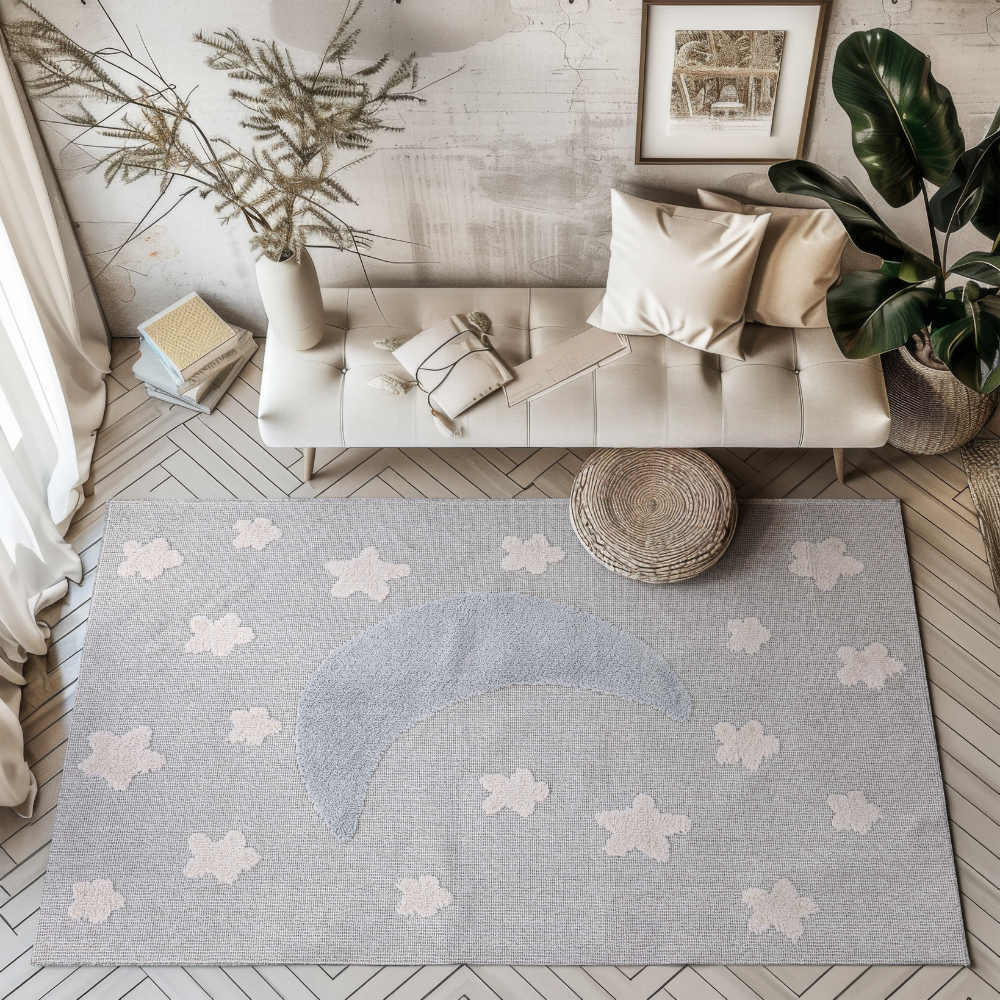 Kids woven rug with crescent moon and stars in calming gray tones