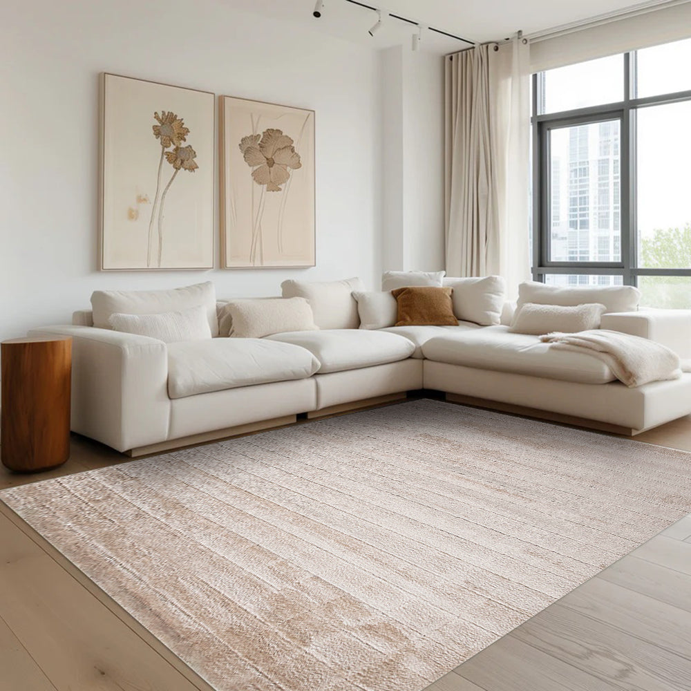 Beige checkered textured rug enhances modern living room decor