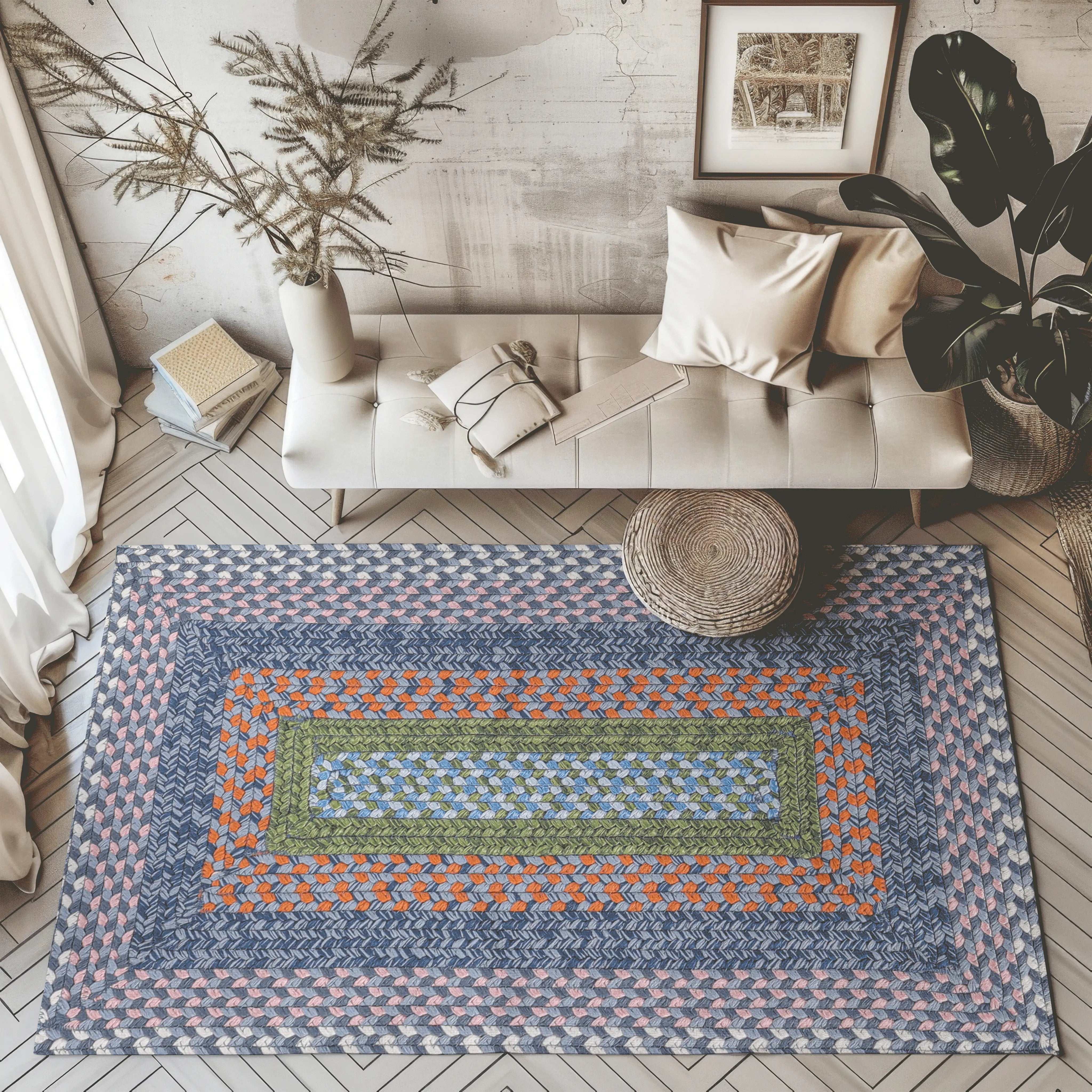 Multicolored Starlit Horizon Stria outdoor woven rug on a cozy living room floor