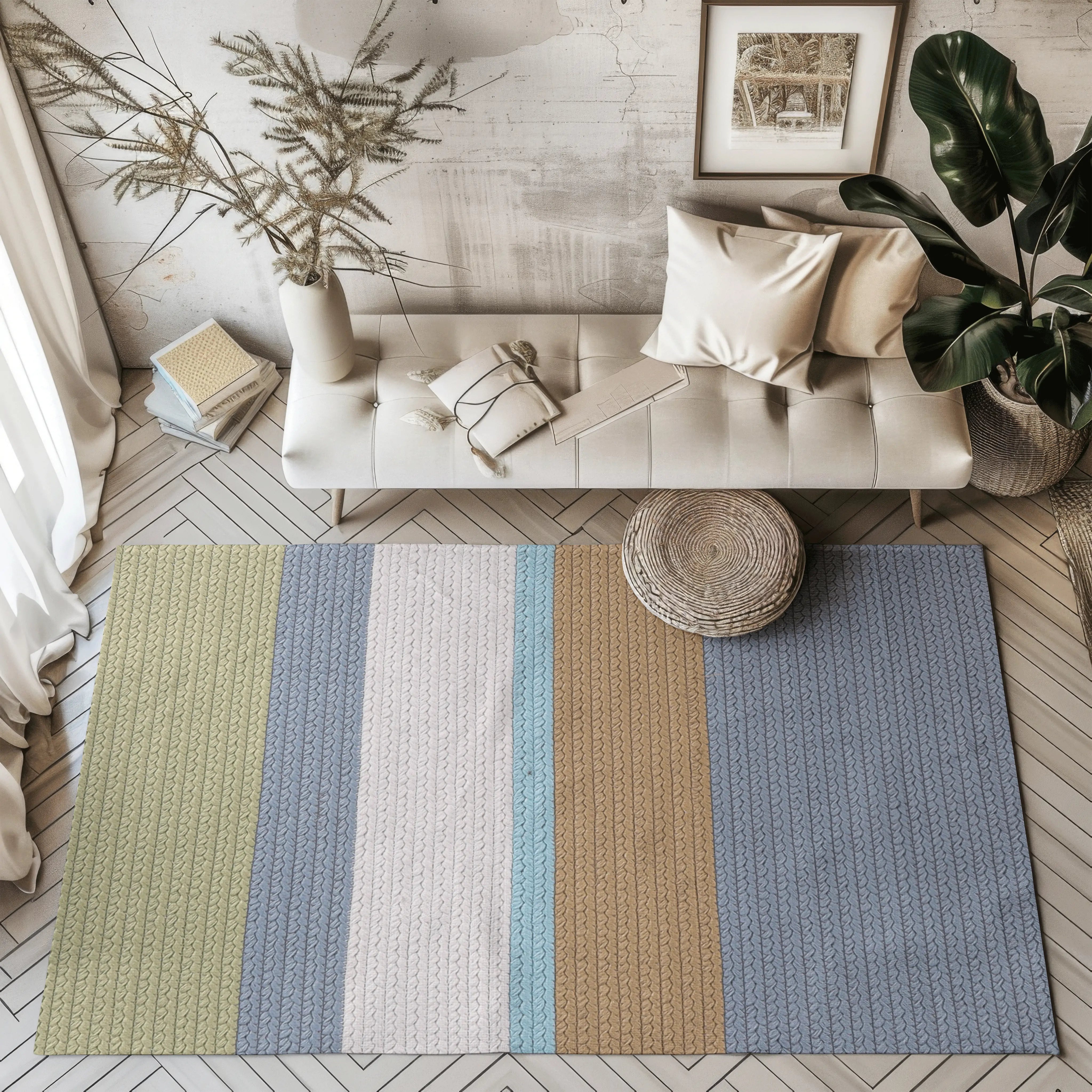 Seraph's Song Stripes Outdoor Woven Rug in green, blue, and beige colors.