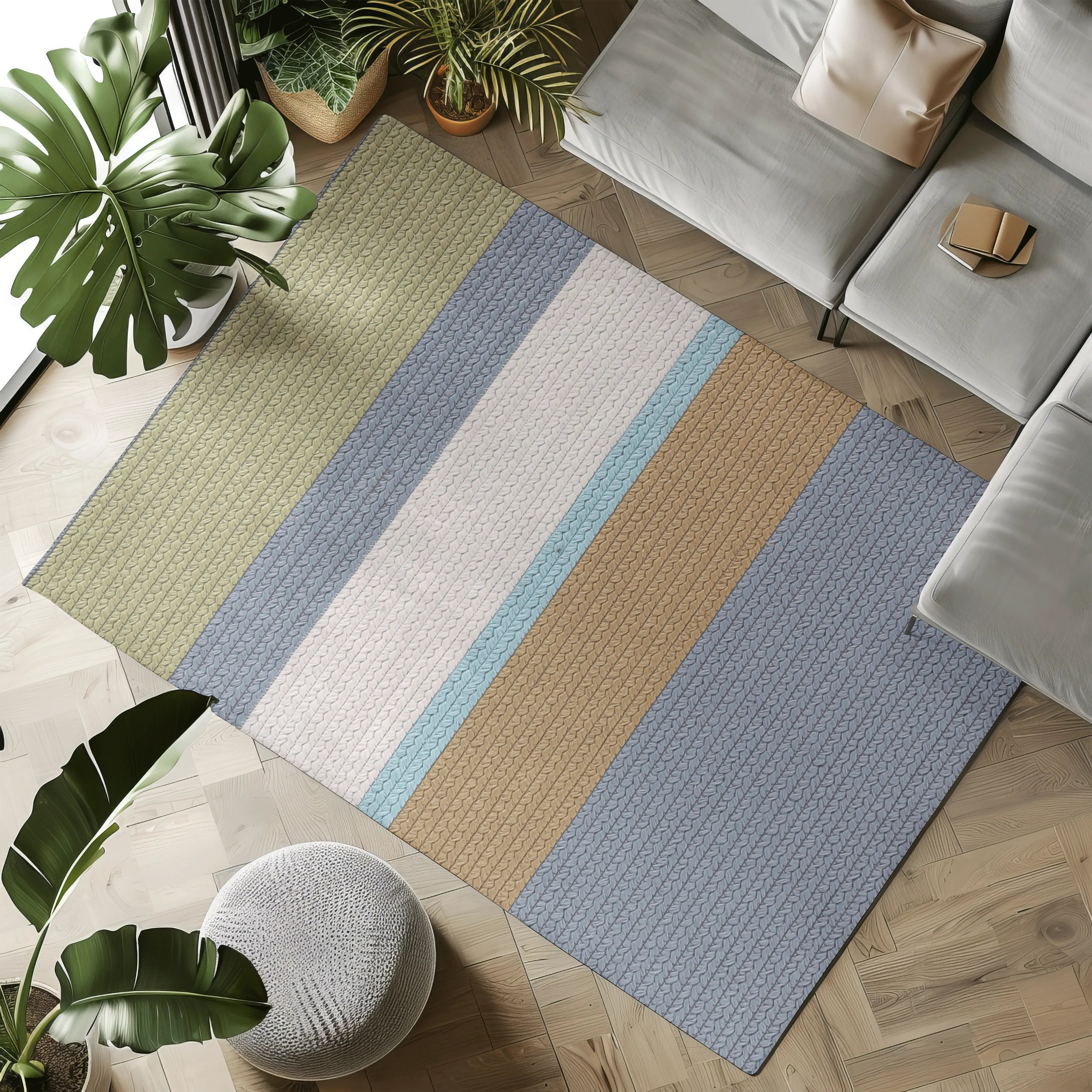 Seraph's Song Stripes Outdoor Woven Rug with green, blue, and brown stripes in a stylish room