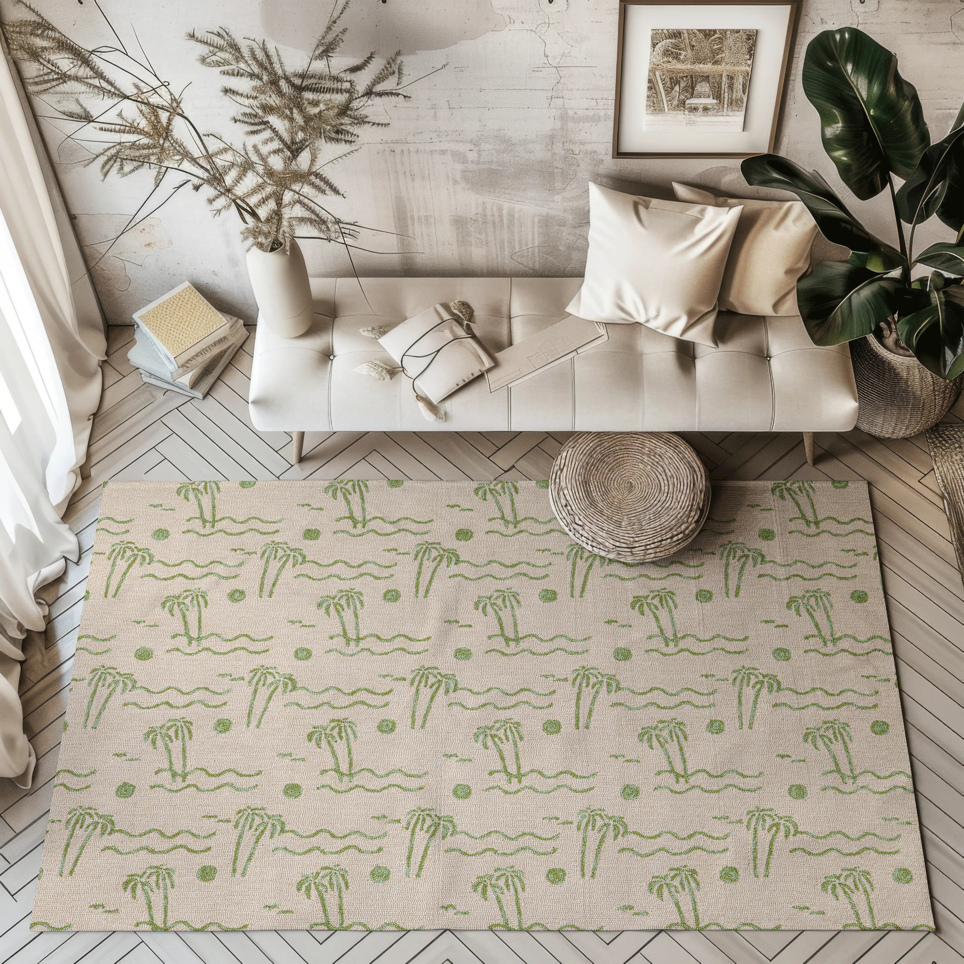 Beige rug with green palm tree design, ideal for stylish home interiors.