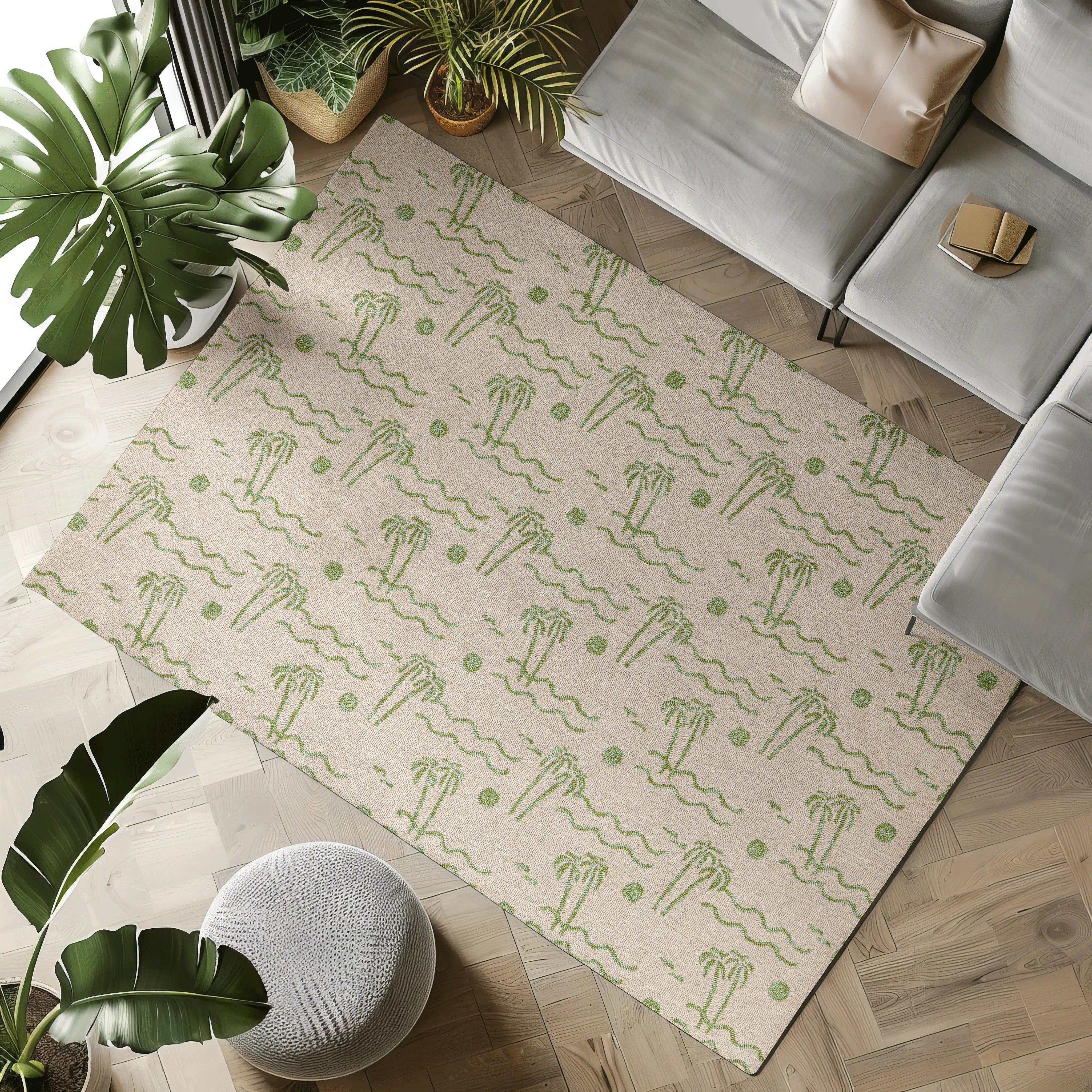 Beige rug with green palm tree design, ideal for stylish home decor