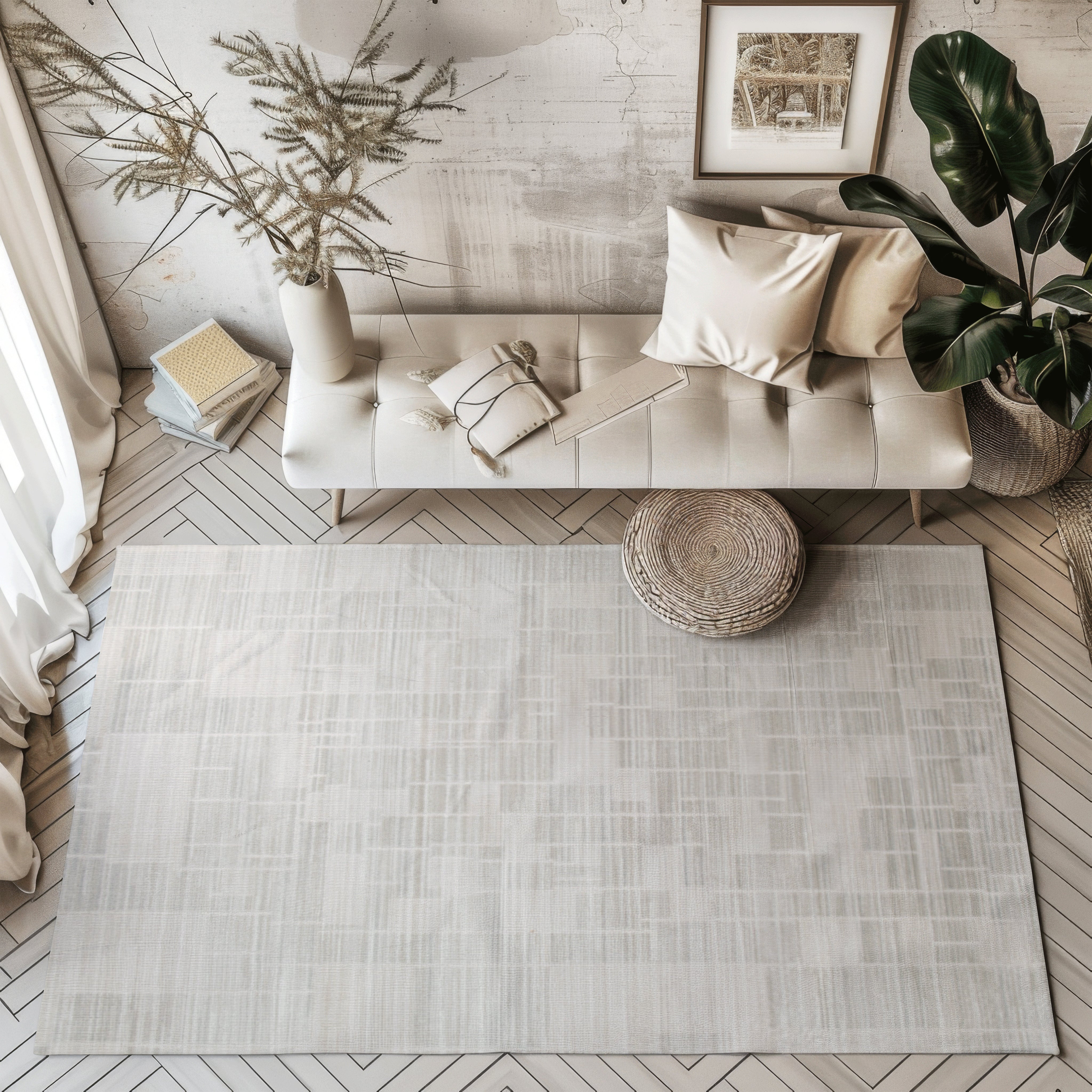 Neutral modern woven rug in geometric design, perfect for contemporary living rooms.