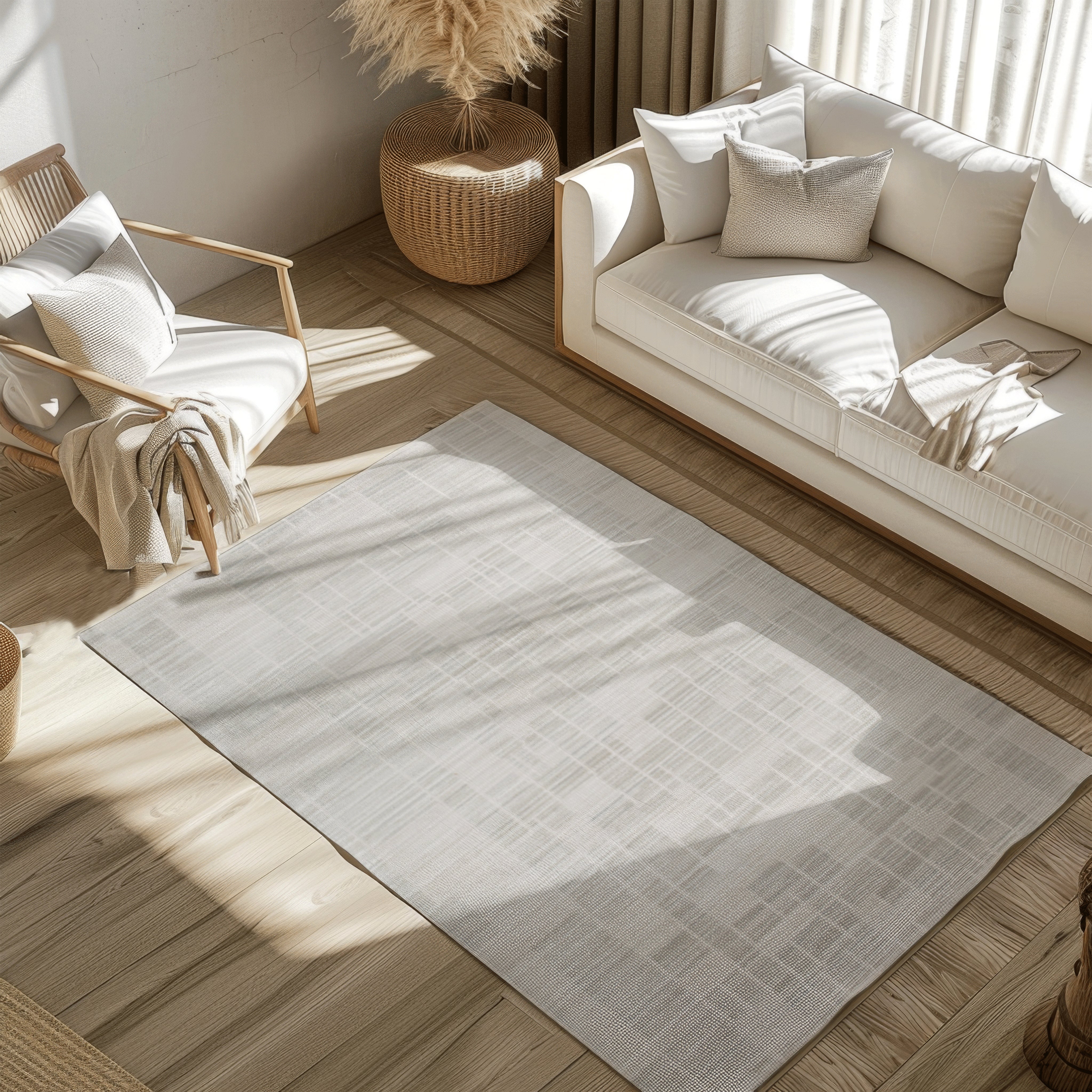 Neutral geometric woven rug enhancing a stylish living room decor.