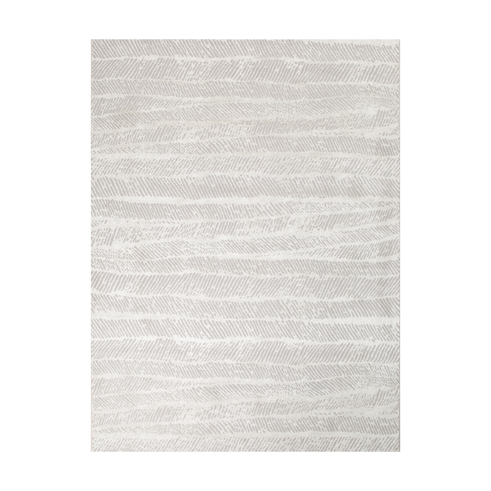 Modern woven light-colored rug with wavy line patterns