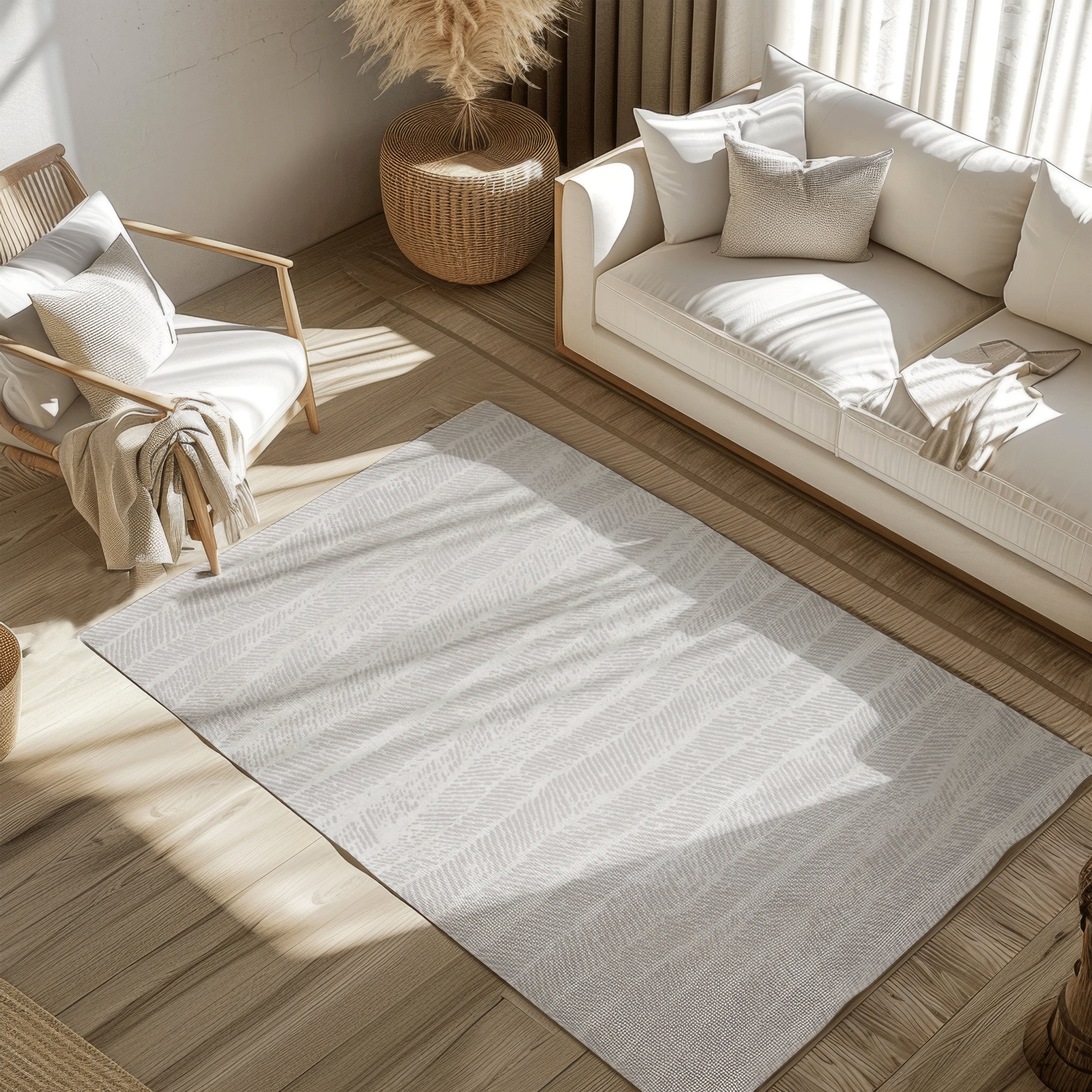 Light-colored modern woven rug with wavy patterns in a bright living room