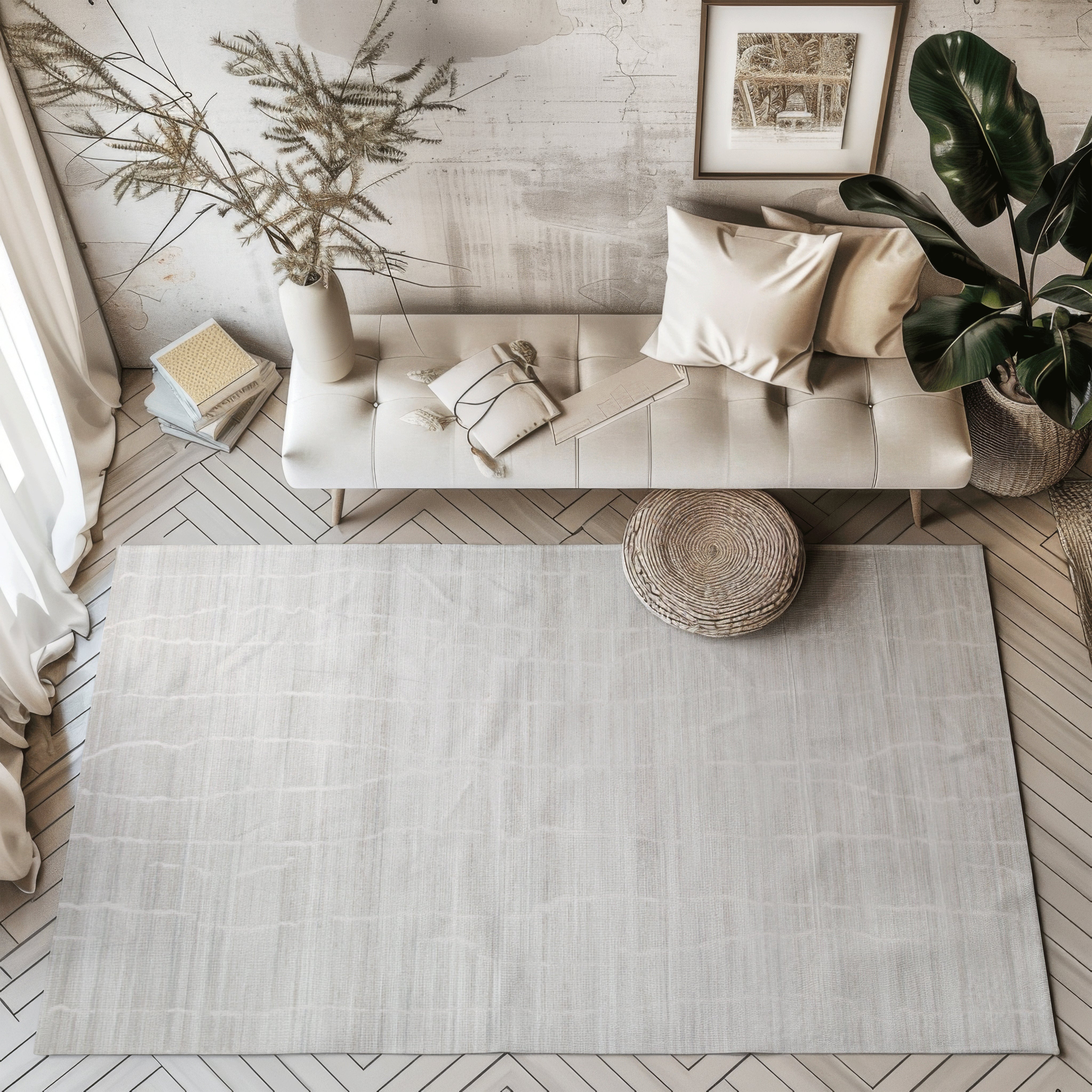 Light gray woven rug in a chic living room with plants and minimalist decor.