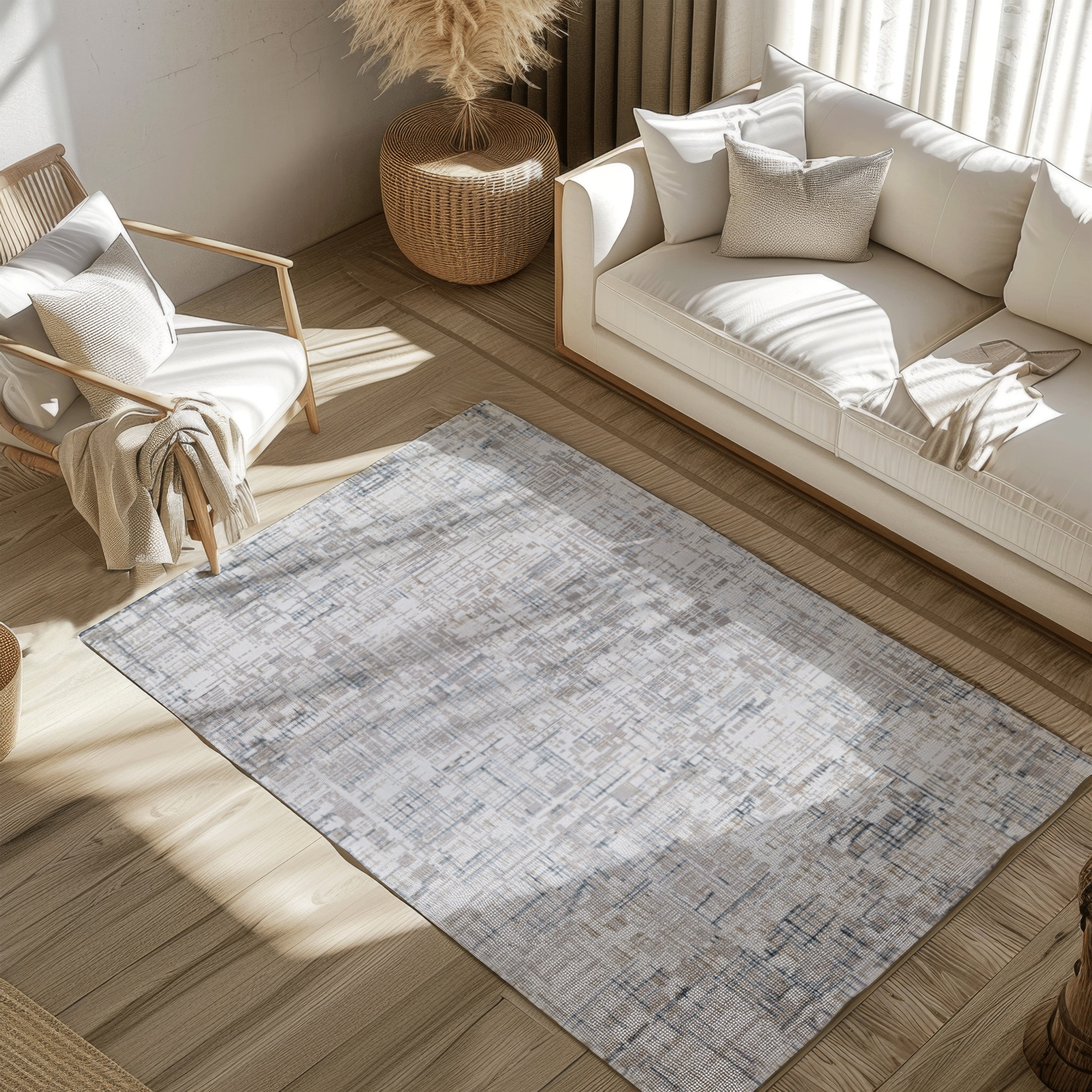 Velvet Reverie Stripes rug in modern living room with gray and beige design.