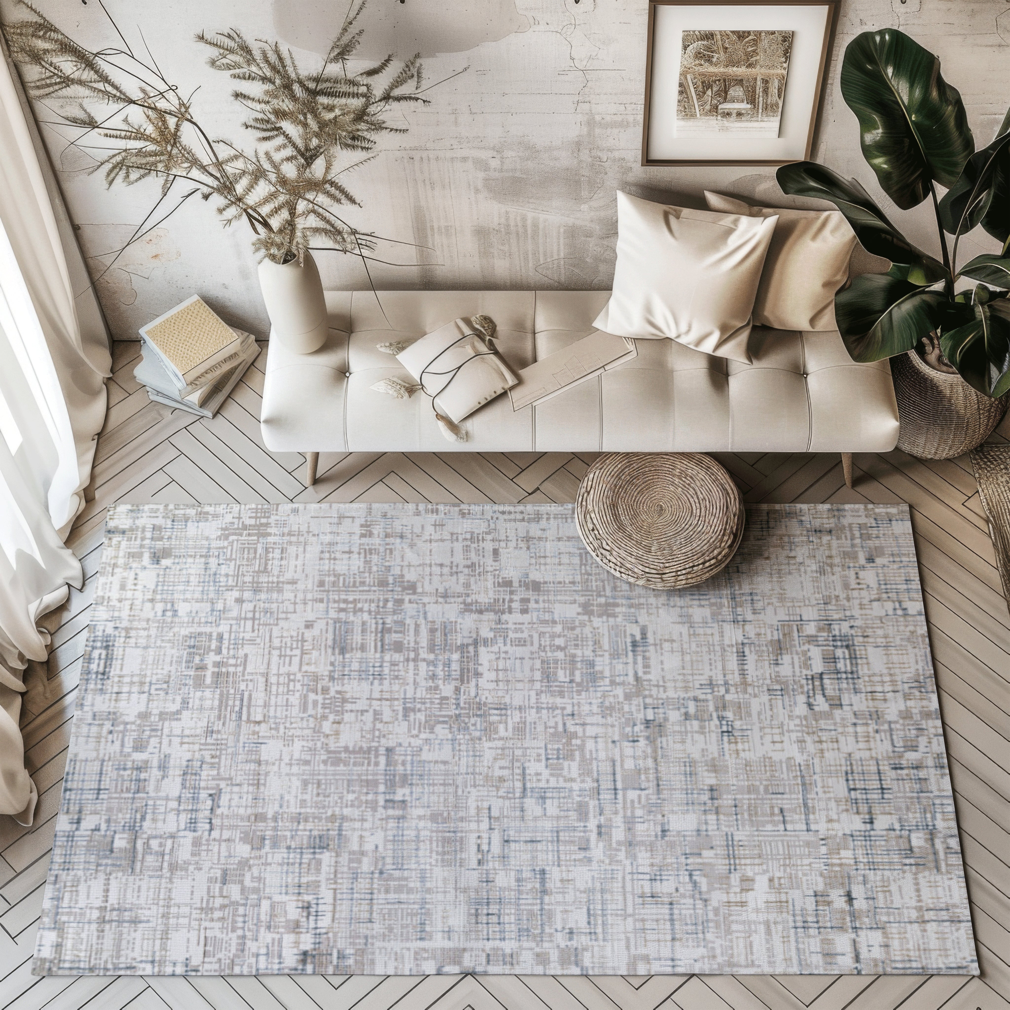 Velvet Reverie Stripes rug in neutral tones enhancing modern living room decor.