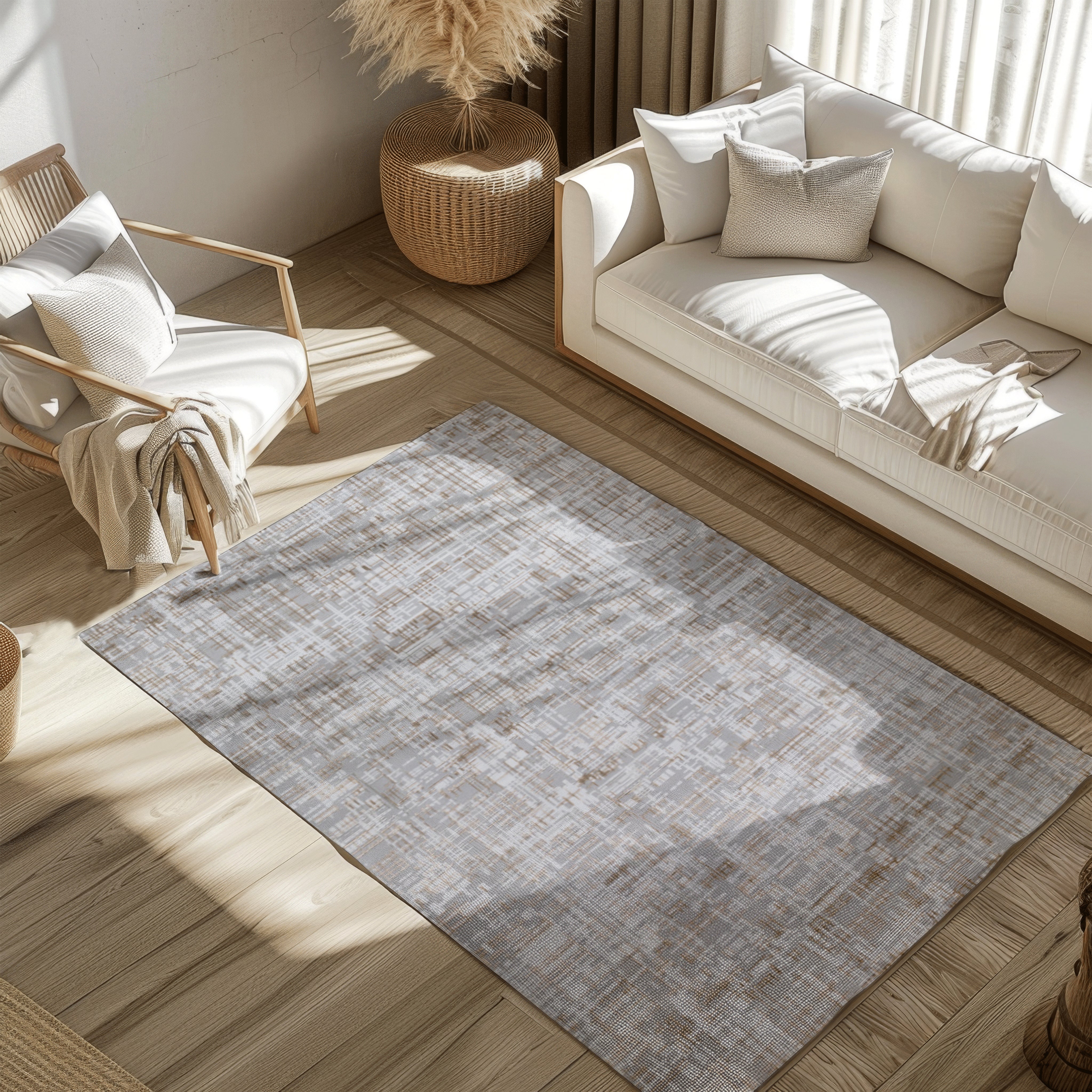 Gray and beige Hidden Serenity Stripes Woven Rug in a stylish living room setting.