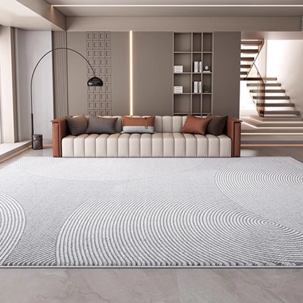 Elara Stripes textured rug in modern living room with stylish sofa