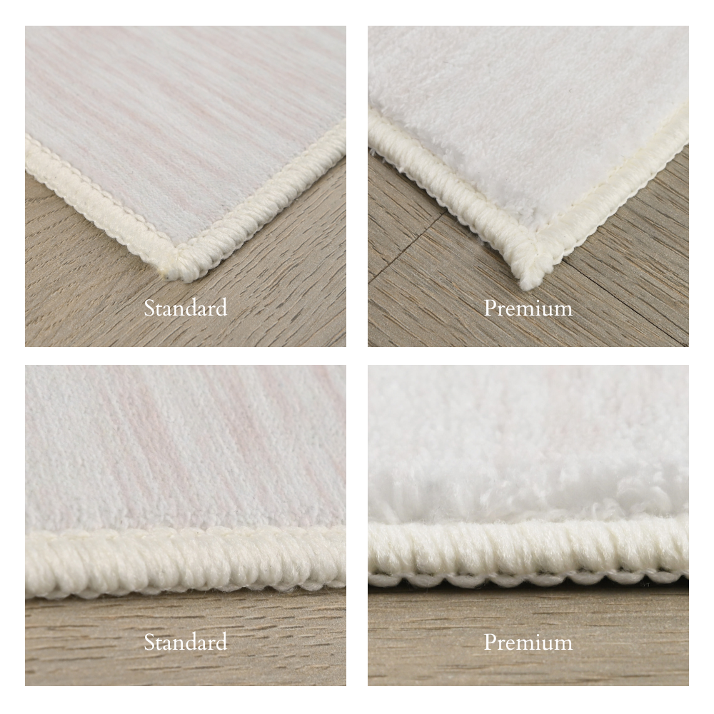 Comparison of standard and premium edges of beige washable rugs