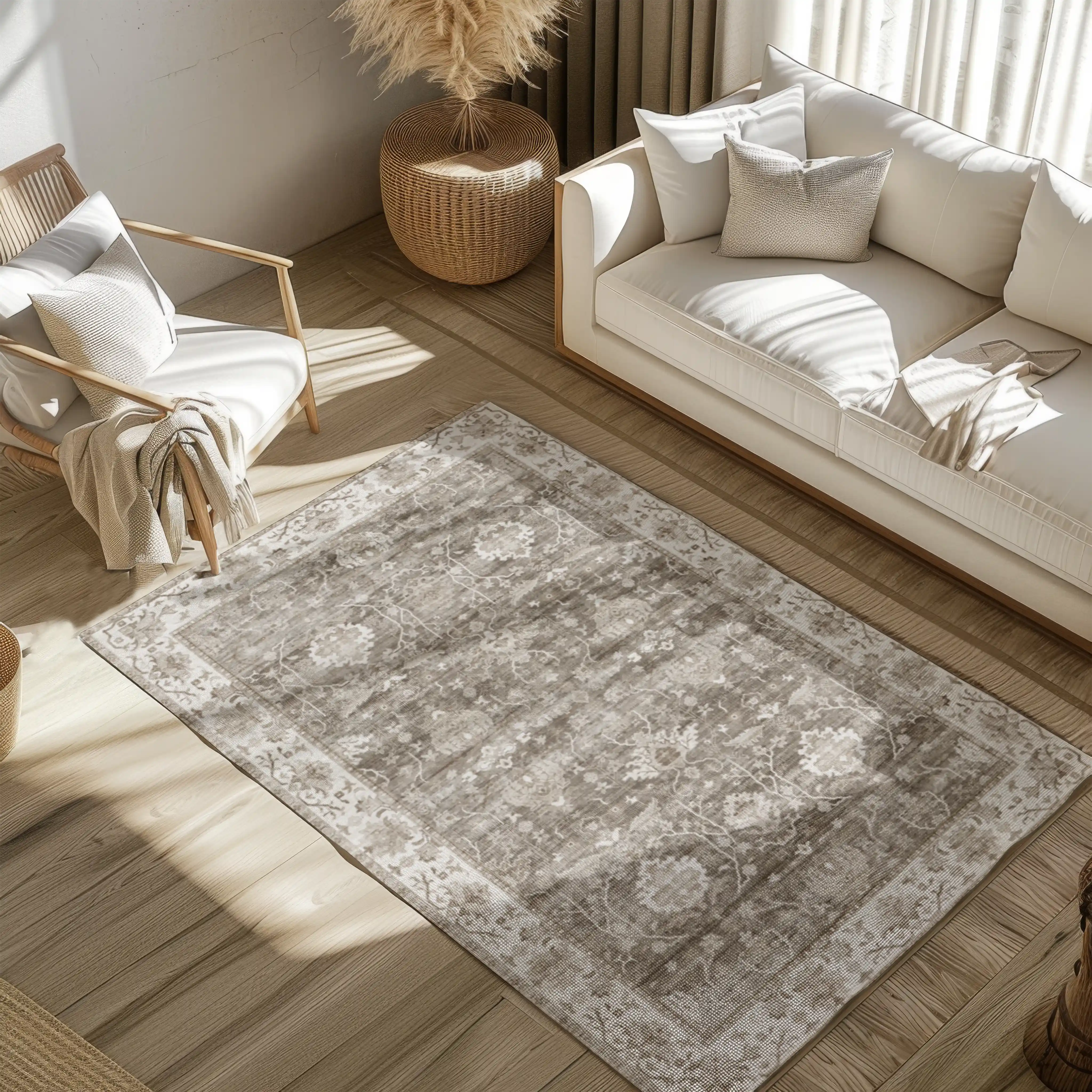 Elegant Desert Bloom Persian rug in neutral shades, perfect for modern living rooms.