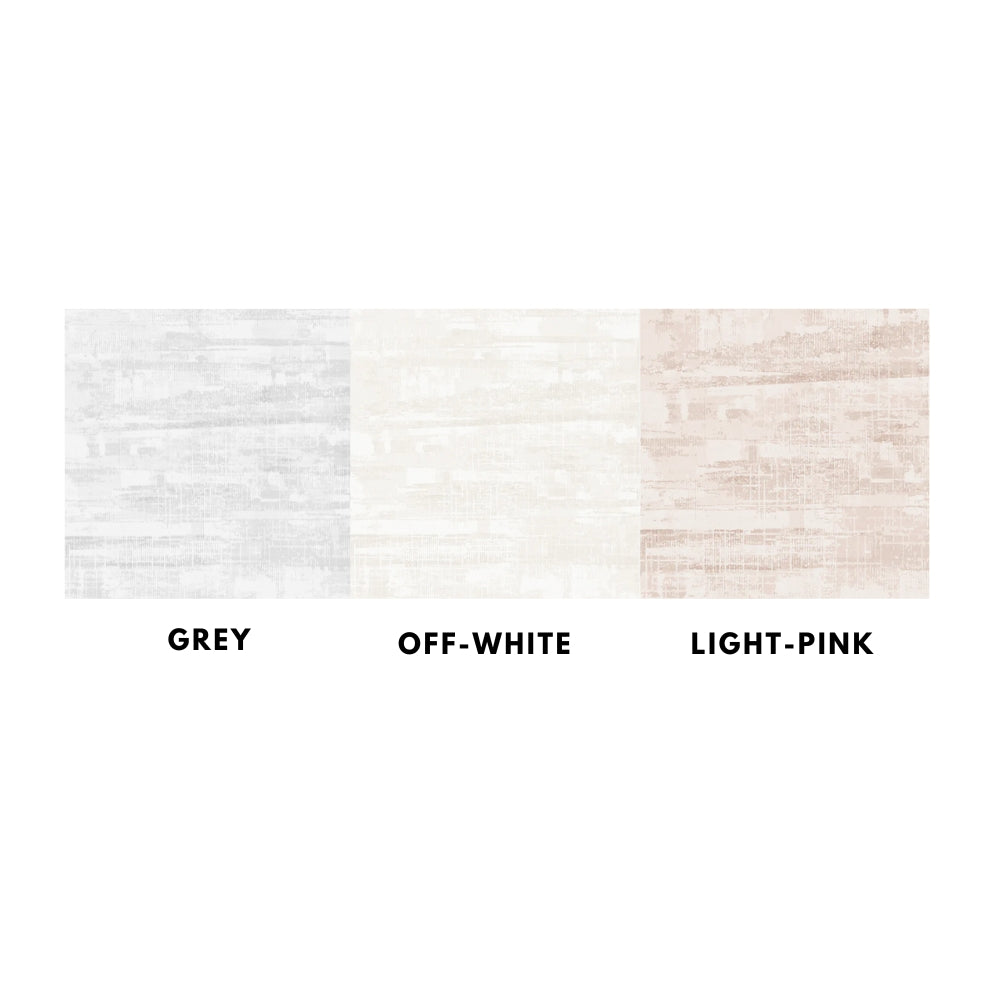 Majestic Reflection rug color options: grey, off-white, and light-pink hues.