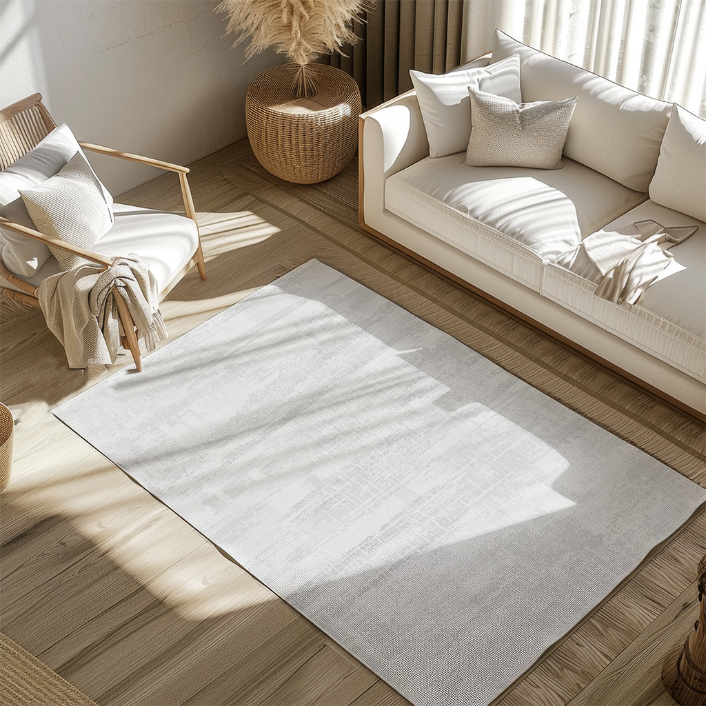 Majestic Reflection modern rug in light tones on hardwood floor under natural light.